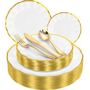 lot 19592 image: ejonirinjonir EI 150pcs White Plastic Plates with Gold Plastic Silverware,Disposable Plate Heavy Duty,White Dinnerware Set,Elegant Plates for Party,Wedding,Afternoon Tea,Spring,Valentines Day