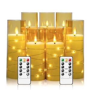 lot 19598 image: Eebuss Flameless Candles with Embedded Star String, Battery Operated LED Pillar Candles with Timer and Remote Control,Home Decorating for Ambiance�� Set of 7 (Gold)