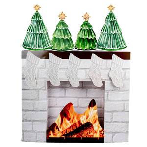 lot 20461 image: Christmas Cardboard Fireplace Prop Cardboard Faux Fireplace Fake Fireplace with Stocking 3D Fire Flame Prop for Christmas Party Background Decoration 27 x 23 x 3.5 Inches