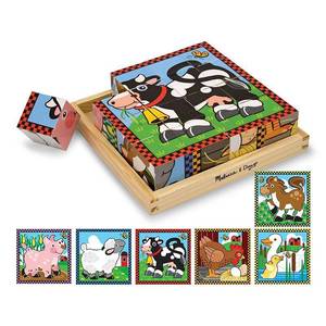 lot 4293 image: Melissa & Doug Farm Wooden Cube Puzzle With Storage Tray - 6 Puzzles in 1 (16 Blocks) Educational Fine Motor Skills, Nature Animal Theme