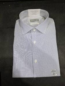 lot 3353 image: Michael Kors Travel Stretch Tech Stretch wicking wrinkle resist dress shirt in a blue and white bengal stripe pattern, size 3435