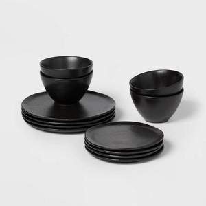 lot 3429 image: 12pc Earthenware Houlton Dinnerware Set Black - Threshold�� Solid Plate & Bowl Dish Set, Microwave & Dishwasher Safe