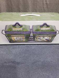 lot 3430 image: Hand-Painted Ceramic Olive Oil Dispensers with Metal Stand
