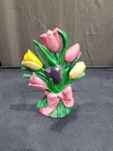 lot 3487 image: Cast Iron Door Stop Tulips Flowers Hand Painted Floral Bouquet