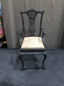 lot 3490 image: Vintage Victorian Cast Iron Padded Doll Teddy Chair Claw Feet 17.5 Inches Tall