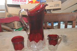 lot 3306 image: Vtg. Ruby Red Cut Glass Pitcher & More