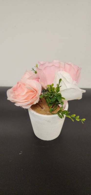 lot 67273 image: Pink Rose Artificial Flower Arrangement in White Pot - Retail $15