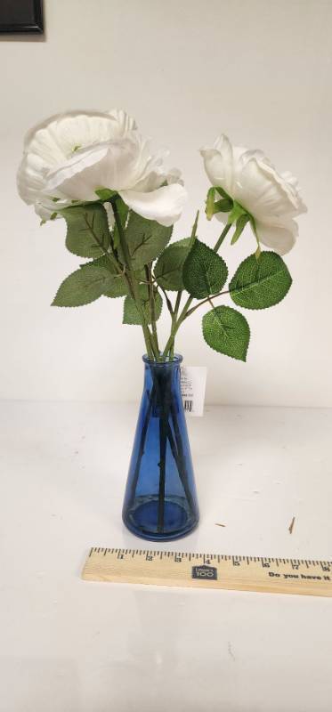 lot 67337 image: Cobalt Blue Glass Bud Vase with Artificial White Roses - Retail $15