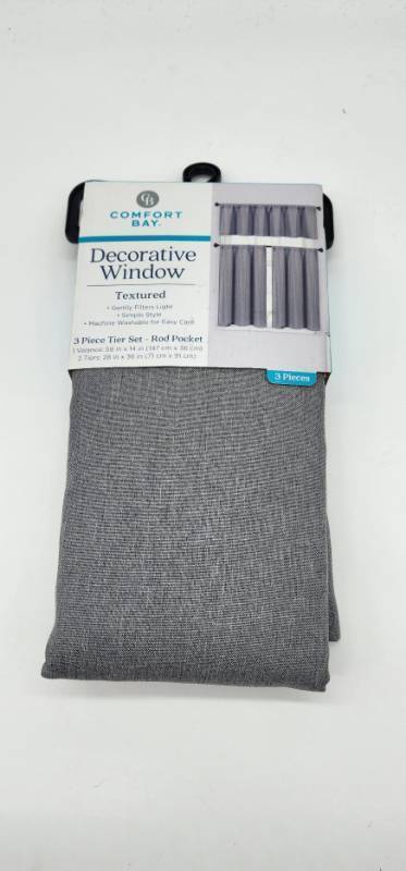 lot 67590 image: Comfort Bay Gray Textured Window Curtain 3-Piece Set - Retail $15