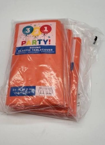 lot 67826 image: Round Orange Party Plastic Tablecover 84Inch 4 Table Cover