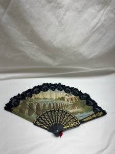 lot 21 image: Hand-Painted Oriental Style Folding Fan with Lace Trim