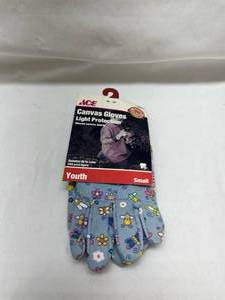 lot 44 image: Youth Canvas Garden Gloves - Blue Butterfly Pattern