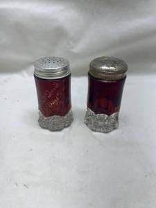 Ruby Red Glass Salt and Pepper Shakers Engraved 1906