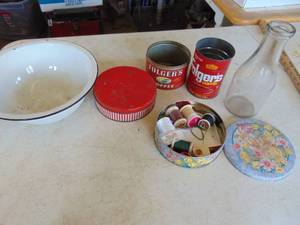 lot 2237 image: Collectible tins and enamel bowl