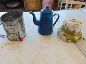 lot 2383 image: Enamelware Tea Pot flour sifter and More