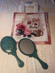 lot 1911 image: Decorative Teal Hand Mirror Set with Book Lover Mini Tote