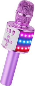 lot 310 image: BONAOK Karaoke Microphone for Kids & Adults - Bluetooth Microphones Singing Mic with Disco Lights, Echo Effect, Built-in Speaker Portable Karaoke Player for Party Travel Gifts Q78(Light Purple) - Retail $20