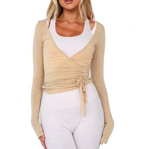 lot 320 image: Women Wrap Tie Top Y2k Long SLeeve Ballet Workout Yoga Shirt Coquette Blouses (US, Alpha, Small, Regular, Regular, Khaki) - Retail $15