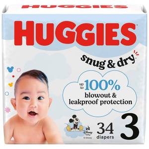 lot 323 image: Huggies Size 3 Diapers, Snug & Dry Baby Diapers, Size 3 (16-28 lbs), 34 Count, Packaging May Vary - Retail $10