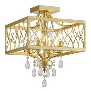 lot 330 image: Crystal Semi Flush Mount Ceiling Light, 4-Light Close to Ceiling Light Fixtures, Farmhouse Crystal Chandelier Hallway Gold Metal Cage Modern Light Fixture for Entryway Bedroom Kitchen Living Room - Retail $438