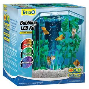 lot 332 image: Tetra Bubbling LED Aquarium Kit 1 Gallon, Hexagon Shape, With Color-Changing Light Disc - Retail $31