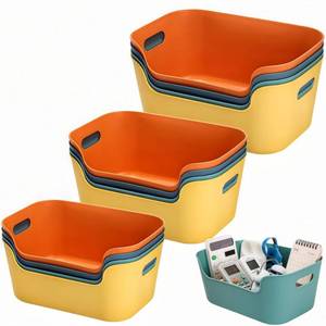 lot 341 image: Tlence 12 Pack Plastic Storage Bins and Baskets, Classroom Organizer Bins with Built-in Handle, Household Colorful Pantry Shelf Organization Container for Office Bedroom Countertop, 3 Sizes - Retail $23