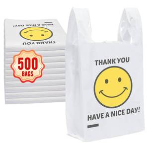 lot 351 image: Fuxury 500 Count Thank You Plastic Bags (12 x 6.5 x 21) White Smile, T-shirt, Grocery, Take Out, To Go, Retail Shopping Bags in Bulk for Small Business - Retail $45