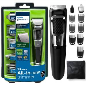 lot 377 image: Philips Norelco Multi Groomer - 13 piece Mens Grooming Kit for beard, face, nose, and ear hair trimmer and hair clipper - NO BLADE OIL NEEDED, MG375060 - Retail $23