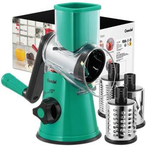 lot 404 image: Geedel Rotary Cheese Grater with 3 Interchangeable Blades, Kitchen Mandoline Vegetable Slicer for Fruit, Nuts , Easy to Clean - Retail $27