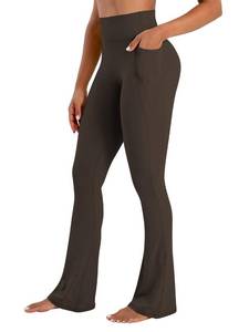 lot 414 image: Sunzel No Front Seam Flare Leggings for Women with Pockets Hidden Butt Lifting Scrunch Tummy Control Mini Flared Yoga Pants 32 Inseam Seal Brown Medium - Retail $25