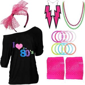 lot 415 image: Z-Shop 80s Outfits Costume Accessories for Women - I Love 80s Print Off Shoulder T-Shirt,Lace Headband Necklace Bracelet Gloves for 80s Costumes,Hot Pink,XL