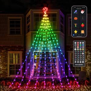 lot 420 image: 16.4FT Smart RGB Christmas Waterfall Lights with Star, APP & Remote Control, DIY Custom Light Show & Music Sync, Timer, 245 LEDs Color Changing Outdoor Decor for Xmas, Yard, Party - Retail $40