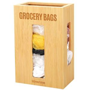 lot 431 image: Libreshine Extra Large Bamboo Grocery Bag Holder for Plastic Bags, Under Sink Cabinet or Wall Mounted Organizer, Space-Saving Bag Dispenser for Kitchen, Pantry, Laundry Room, Garage - Retail $30