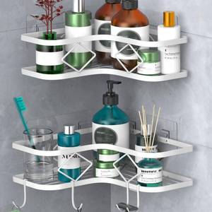 lot 438 image: Kadolina Large Corner Shower Caddy Shelf, 2 Pack Adhesive Bathroom Shower Organizer Shelves, No Drilling Rustproof Wall Mounted Shower Storage Basket Shampoo Holder Organizer (White) - Retail $19