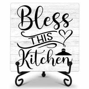 lot 444 image: GOLRMC Kitchen Counter Decor, Table Decorations for Dining Room, Blessd Sign, Fun Farmhouse Kitchen Wooden Plaque with Iron Stand for Table Shelf Display-A02 - Retail $12