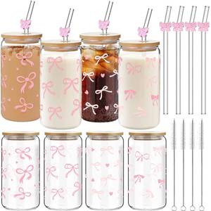 lot 449 image: Yetene 4 Set 16 oz Coquette Bows Glass Cups with Lids and Bows Straws Cleaning Brushes Aesthetic Iced Coffee Cup Reusable Mug for Women Sister Birthday Gift Not Dishwasher Safe(Pink,Bow) - Retail $30