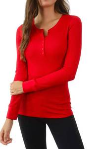 lot 461 image: Pure Look Womens Long Sleeve Waffle Knit Stretch Cotton Thermal Underwear Shirt, Large, Henley Red Large
