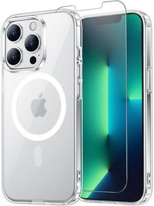 lot 468 image: Temdan for iPhone 13 Pro Max Case Clear with Screen Protector, Compatible with Magsafe, Anti-Yellowing, Military-Grade Protection, Shockproof Slim Magnetic Phone Case Cover, Transparen - Retail $6