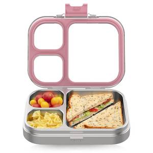 lot 474 image: HOMEKOL Stainless Steel Lunch Box, 3 Compartments Metal Bento Box for Kids Adults, Leak-Proof Lunch Box for School Office, Dishwasher Safe, BPA-Free, Tritan Lid, Pink - Retail $40
