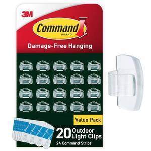 lot 484 image: Command Outdoor Light Clips, 20 Clear Clips and 24 Strips, Damage Free Hanging Christmas Decorations with Weather Resistant Strips, Wall Clips for Hanging Outdoor Lights and Cable Management - Retail $13