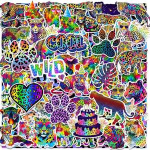 lot 496 image: Neon Cheetah Stickers 60Pcs Rainbow Cheetah Vinyl Waterproof Leopard Print Stickers Neon Rainbow Leopard Jungle Safari Animal Decals for Laptop, Guitar, Water Bottles, Car, Bumper, Luggage, Phone - Retail $8