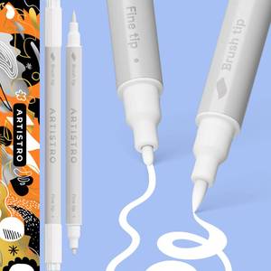 lot 508 image: ARTISTRO 2 White Dual-Tip Acrylic Paint Pens - Multisurface Markers for Glass, Rock, Fabric, Wood, Plastic & More - 1 mm Fine & Brush Tips - Retail $7