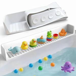 lot 512 image: 2.62FT Bathtub Splash Guard with Strong Suction Cups, Silicone Toy Tray Caddy Holder Storage for Kids, Water Leak & Splash-Proof, Suitable for Kitchen Sinks and Bathroom bathtubs��Grey�� - Retail $19