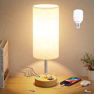 lot 521 image: Dicoool Touch Bedside Table Lamp with USB - 3 Way Dimmable Wood Lamp for Bedroom Nightstand, Desk Lamp with Charging Station for Dorm, Living Room, Office, Kids Room, Small, 14in - Retail $23