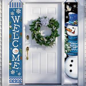 lot 522 image: Deroro Welcome Winter Snowman Porch Banner Sign, Blue Farmhouse Door Decorative Hanging Welcome Banner Flag, Christmas Seasonal Bird Snowflake Rustic Decoration Home Outdoor Decor - Retail $10