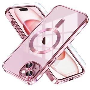 lot 528 image: Misea Magnetic for iPhone 15 Case Compatible with MagSafe Never Yellowing Military Grade Drop Protection Full Camera Lens Protector Plating Soft Clear Phone Case for Women, Pink - Retail $10