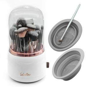 lot 532 image: Selanoir Rotating Makeup Brush Holder with Lid �� Dustproof Vanity Organizer for Makeup Brushes, Bonus Foldable Makeup Brush Cleaner Bowl Included, Elegant White Storage Solution - Retail $20