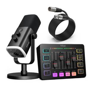 lot 545 image: FIFINE Gaming Equipment Bundle, Dynamic XLRUSB Gaming Microphone Set with Streaming Audio Mixer for Podcast Recording Video Vocal, RGB Gamer Set with Volume FaderXLR Interface for PC-AmpliGame KS5 - Retail $100