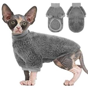 lot 549 image: SUNFURA Sphynx Cat Sweater, Hairless Cats Turtleneck Pullover Kitten Sweaters for Cats Only, Warm and Soft Cat Pajamas Shirt with Sleeves Pet Winter Clothes Fleece Jumpsuit for Puppy, Grey L - Retail $19