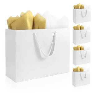 lot 555 image: Ethhqu 5 Pack Large White Gift Bags with Handles, 12.6x8.7x4 Inches - Includes 10 Tissue Papers for Birthday, Wedding, Shopping Business, Thanksgiving, Christmas&Holiday (White Large-5 Pcs) - Retail $10